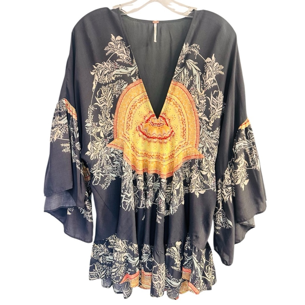 Free People Top Gray V Neck Bell Sleeves Sz Small Boho Hippie Festival 70s Sz XS